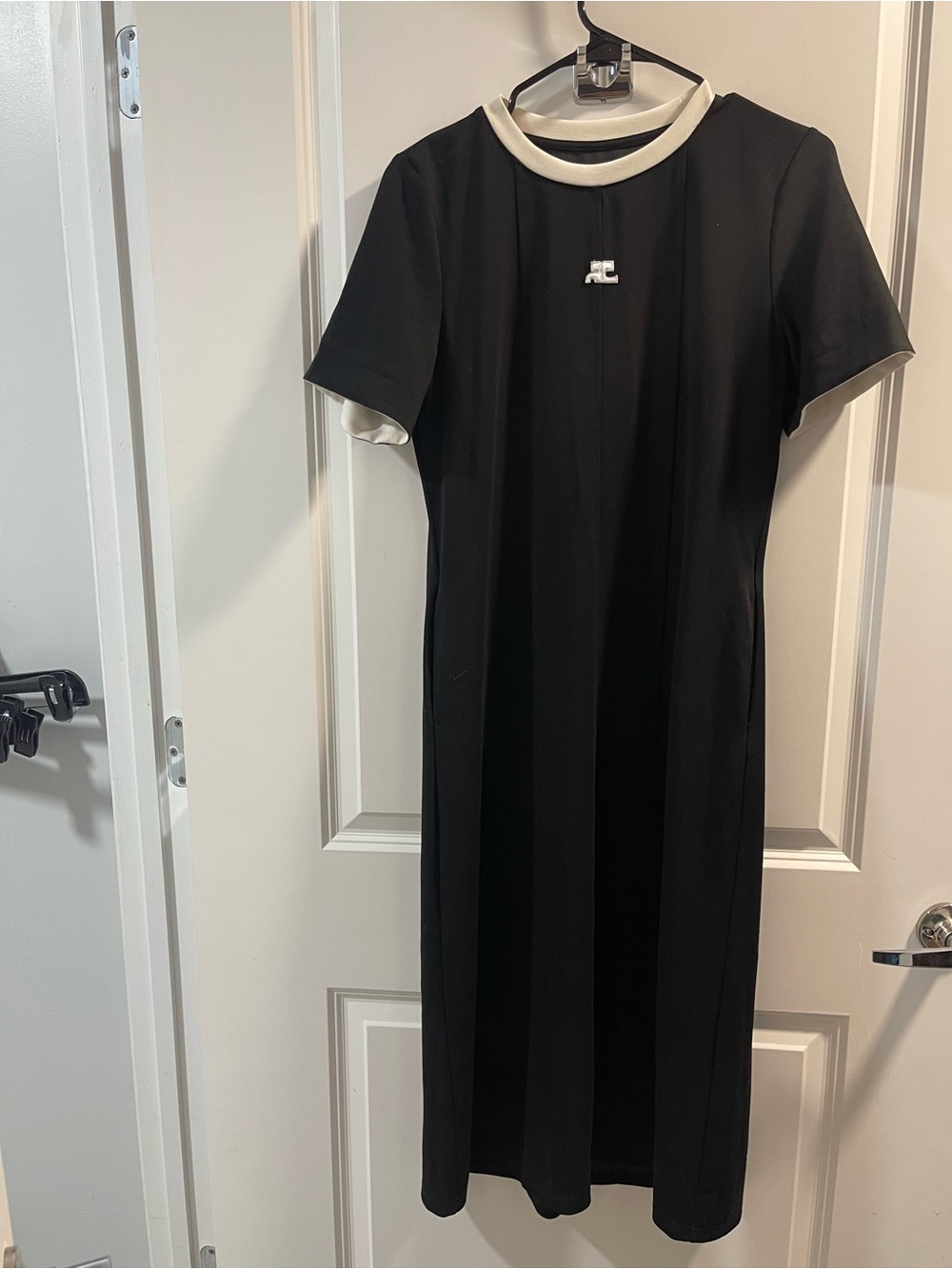 Courreges Black Midi Dress with Contrast White Collar and Cuffs Tags Is Missing